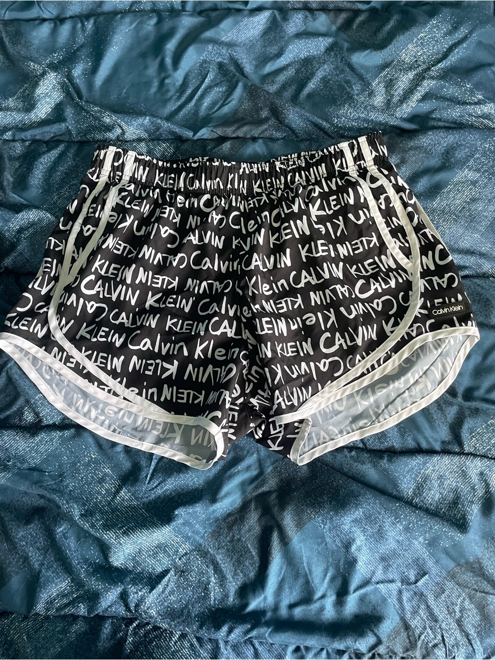 Calvin Klein Black Logo-Print Athletic Shorts with White Piping Size M